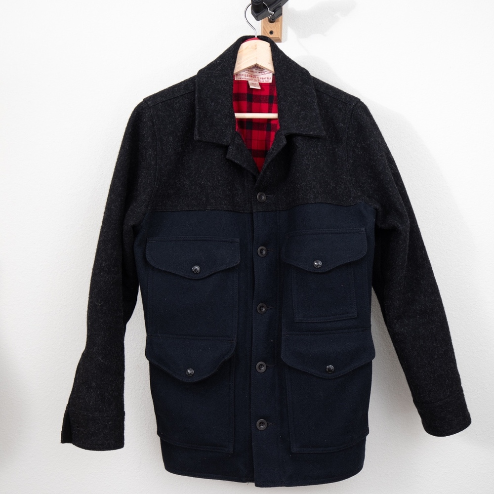 Filson Black and Navy Wool Field Jacket with Red Plaid Lining